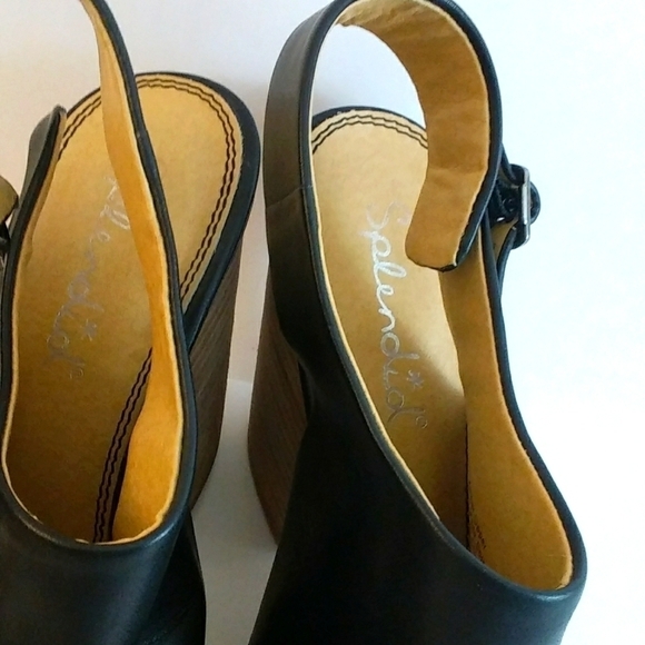 Splendid Black Leather Peep Toe Slingback Back Dress Shoes Size 8.5 Block Heels - Picture 2 of 7
